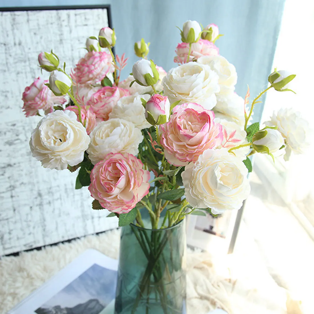 Flores artificiales Rosa peonía ramo para la decoración de la boda 3 cabezas peonías flores falsas decoración del hogar Flor de hortensia de seda