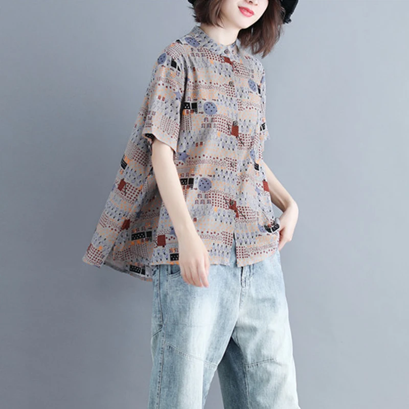 

2019 LFF Spring Autumn Office Lady Korea Style Floral Printing Large Size Cute BF Style Women Short Sleeve Vintage Chic Shirts