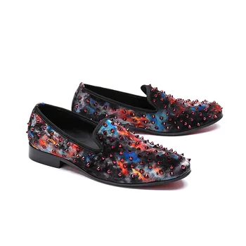 

Camouflage Rivet causal slip-on low heel formal manual men shoes round toe ankle quality cow leather dress Loafers