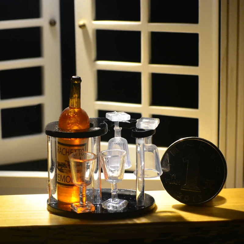 Mini Dollhouse Miniature Wine Bottle + Rack + Cup Set Pretend Play Doll