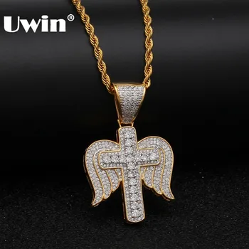 

Uwin Religion Jewelry Full Iced Out CZ Cross Wing Necklace& Pendant Silver Color For Men With Free Hiphop Rope Chain
