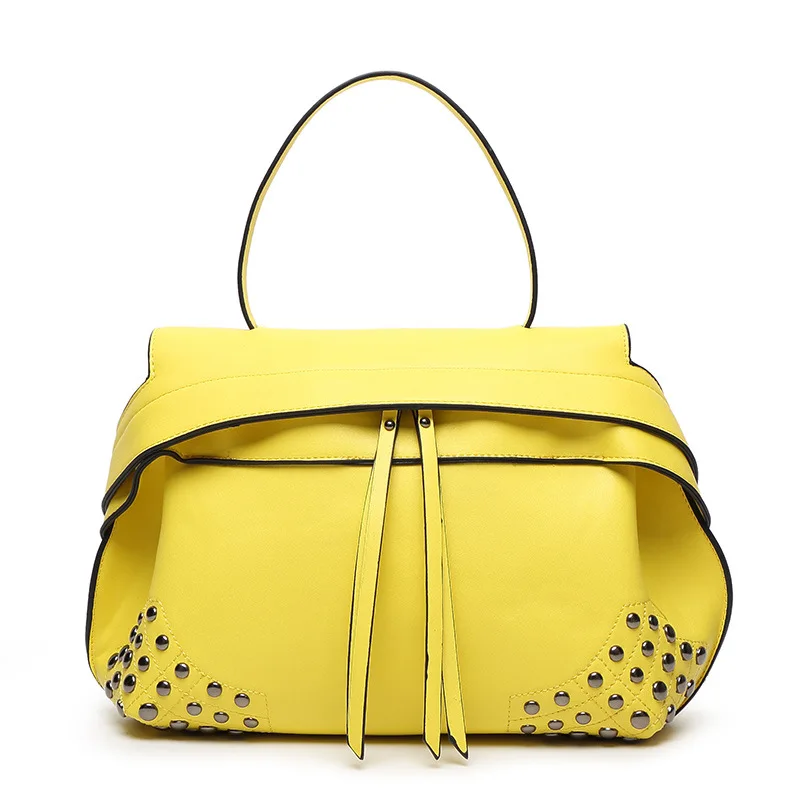 

Fashion women yellow rivet tote bag deisnger high quality PU leather bags short handle woman blue handbag ladies brand purse