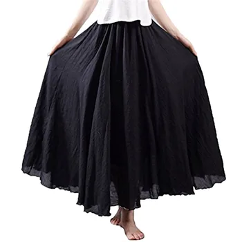 

2018 Hot summer thin Cotton Linen Pleated Skirts Boho fashion solid Womens ladies Flared layred long skirts holiday female