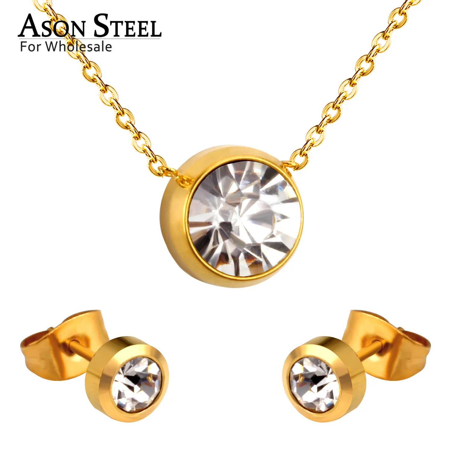 

ASONSTEEL 316L Stainless Steel Round AAA+ CZ Gold Bridal Wedding Jewelry Sets for Women 2019 Necklace Pendant Small Stud Earring