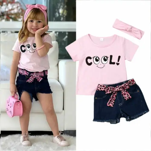

UK Infant Baby Girl Tops + Jeans + Headband Pants Shorts Sunsuit Clothes Outfits 3pcs Sets