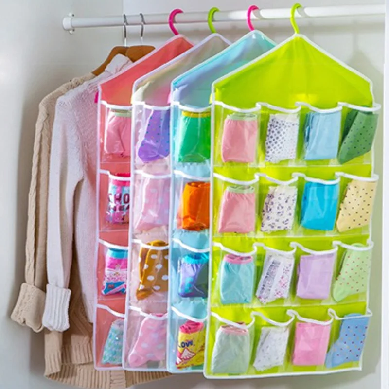 

16 Grid Pocket Bag Underwear Bras Socks Ties Shoes Cosmetic Storage Bag Hanging Bags Closet Clothing Organizer Clear Bag