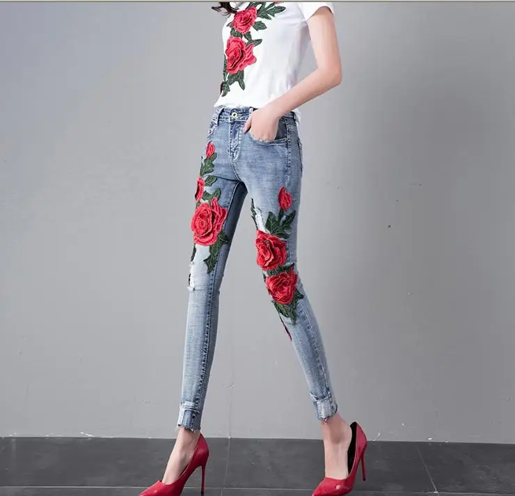 Женские джинсы с цветочной вышивкой, эластичные джинсы-карандаш, рваные джинсы с рисунком розы размера плюс 25-31