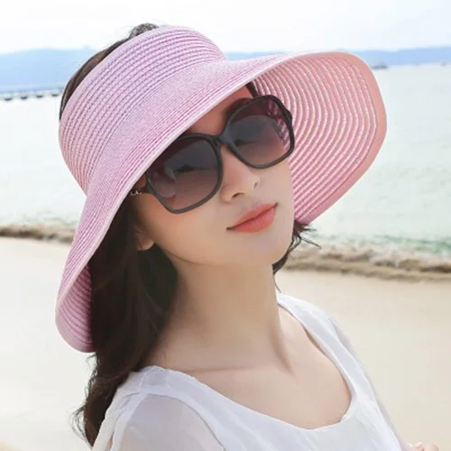 Горячая Распродажа, пляжная шляпа, солнцезащитный козырек, соломенная шляпа, женская летняя Солнцезащитная Складная Большая Солнцезащитная шляпа для девочек - Цвет: Розовый