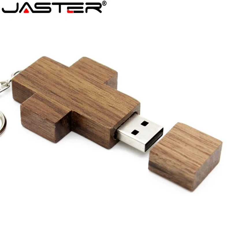 

JASTER USB 2.0 wooden cross usb with metal keychain USB flash drive pendrive 8GB 16GB 32GB 64GB customer LOGO wedding gift