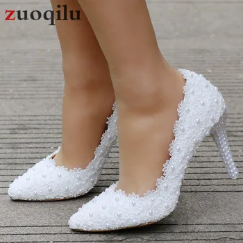 Zapatos de novia de encaje con tacón blanco para mujer, zapatos de boda, tacones y zapatos para señoras, 5CM, talla grande 34-41