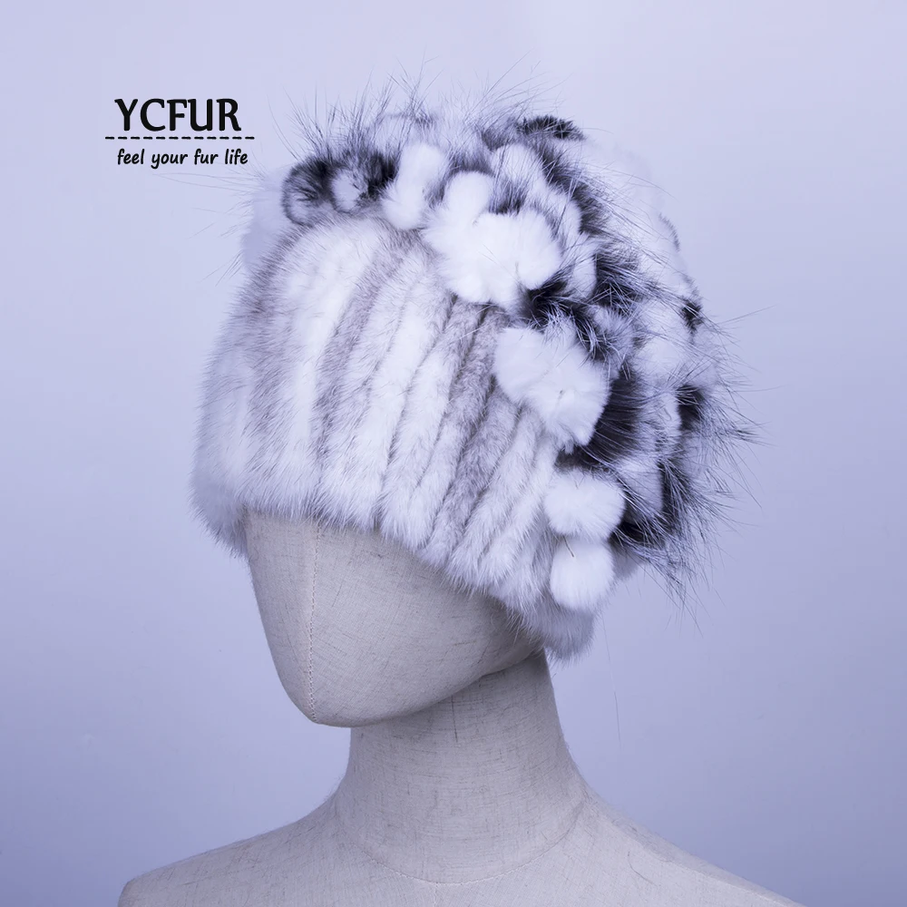 

[YCFUR] Winter Hats Caps Women Sew Strips Genuine Mink Fur Hats Beanies Rex Rabbit Fur Top Warm Hat Cap Ladies