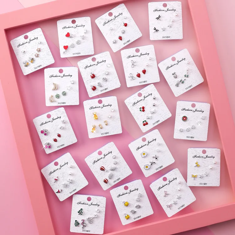 

6pcs/set 2018 Cute Zircon Cherry Banana Pineapple Fruit Genuine 925 Sterling Silver Mini Stud Earrings Set for Women Bow Studs