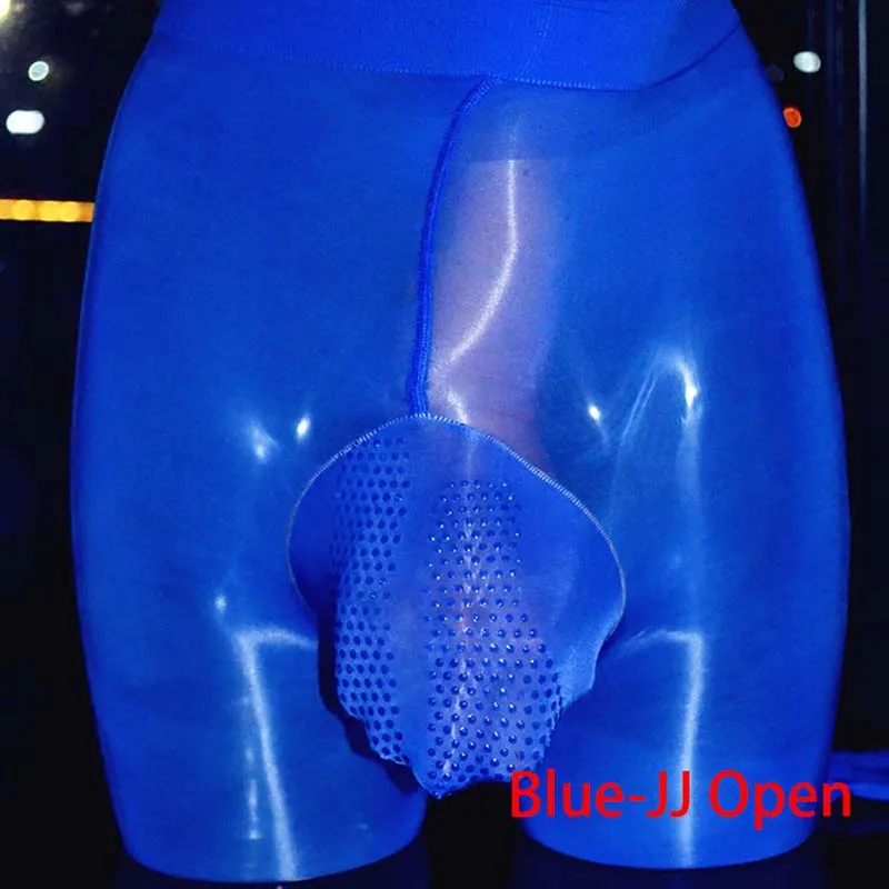 Мужские облегающие колготки для пениса, масляные блестящие колготки с силиконовыми заклепками, прозрачные глянцевые чулки трикотаж 3 вида стилей - Цвет: A blue