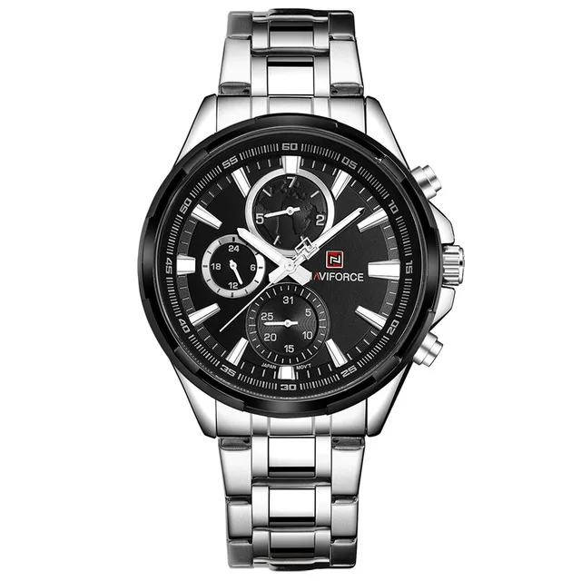 NAVIFORCE Мужские часы от ведущего бренда, роскошные черные полностью стальные водонепроницаемые кварцевые часы, мужские повседневные спортивные часы с хронографом, наручные часы - Цвет: Silver Black