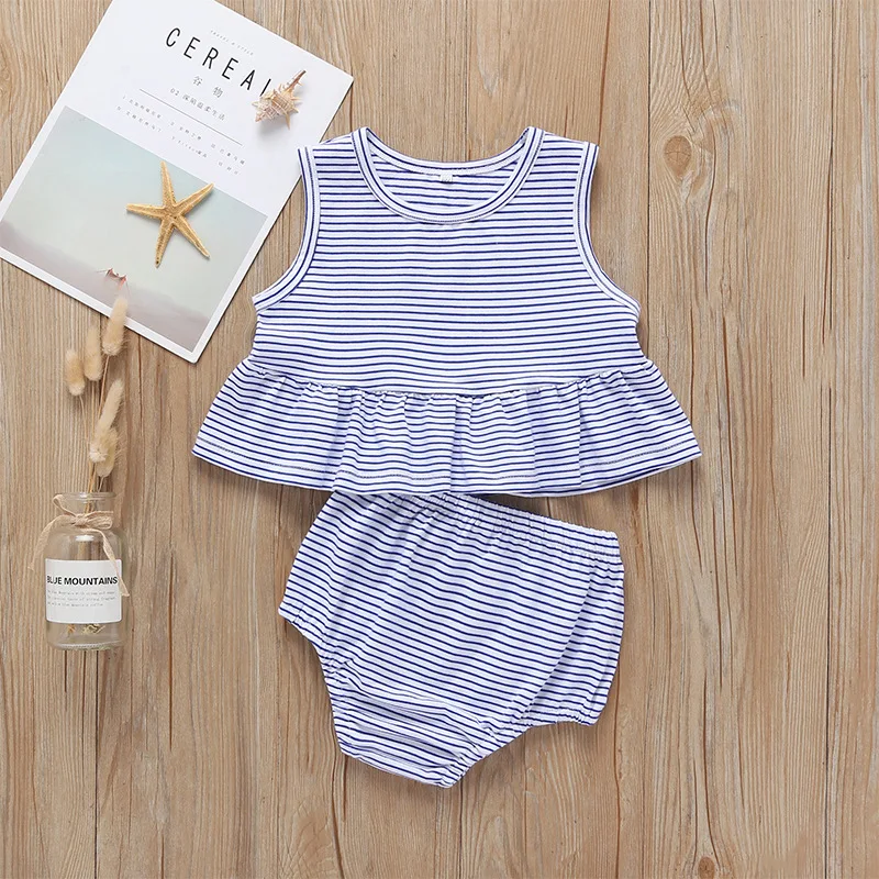 BABY Girls Striped Sleeveless Tops Shorts Set blue newborn girl clothes summer outfit cotton clothing for babies