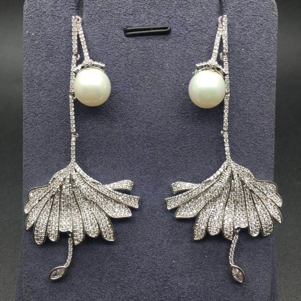 

2 Pieces Shell Pearls Dress Shaped Asymmetrical Ab Style AAA Cubic Zirconia Long Drop Earrings For Women Wedding Accessories