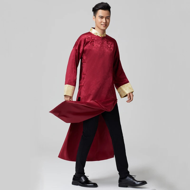 Asian Wedding Groomsman Costume Long Gown Cross Talk Show Robe