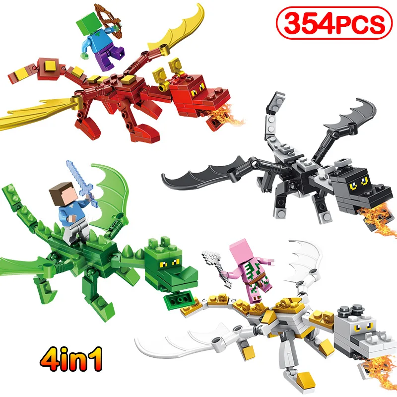 

354pcs Hot My World 4 Colors Of Hunting Dragons Steve Compatible Legoinglys Minecrafted Figures Building Blocks Bricks Kids Toys