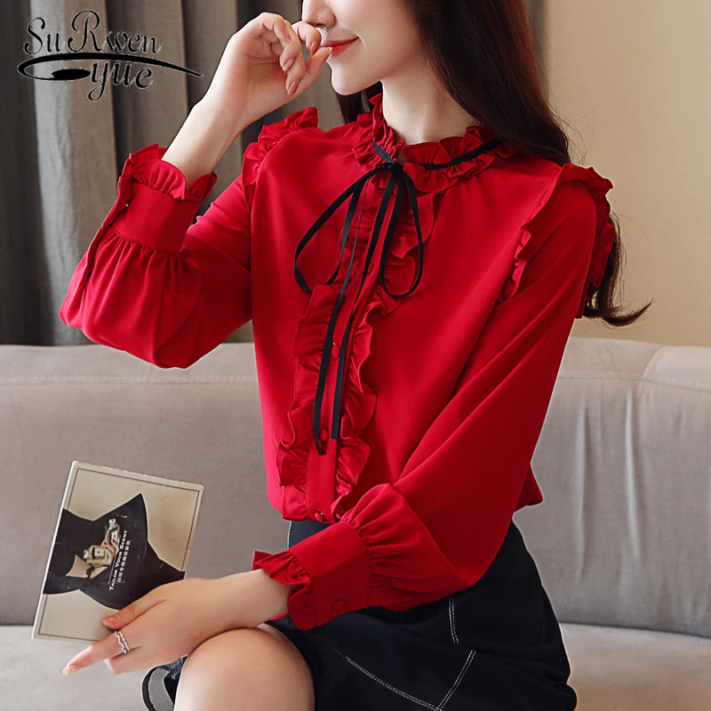 

women blouses fashion 2019 chiffon shirt long sleeves new bow tie women tops white office ladyshirts womens clothing 1612 50