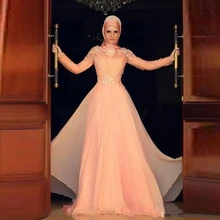 Long Sleeve Dubai Arabic Style Muslim Islamic hijab Muslim Evening Dress A-Line Pink Chiffon Elegant Evening Gown 2015