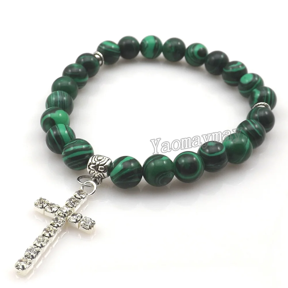 

Crystal Cross Pendant 8mm Malachite Beaded Bracelets For Wholesale 12pcs/Lot