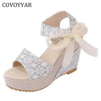 

2019 Lace Print Women Sandals Wedges Summer Open Toe Platform Women Shoes Lace Up Ribbons Bow Lady Pumps High Heels WSS194