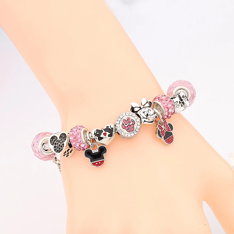 Disney New Design Lovely Pink Crystal Bead Charm Bracelets Colorful Enamel Handmade Diy Charm Bracelet for Women
