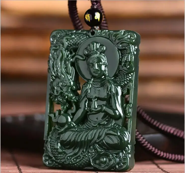 

natural carved Dragon GUANYIN HETIAN Hollow jade pendant China QINGYU green necklace pendants with bead rope necklace