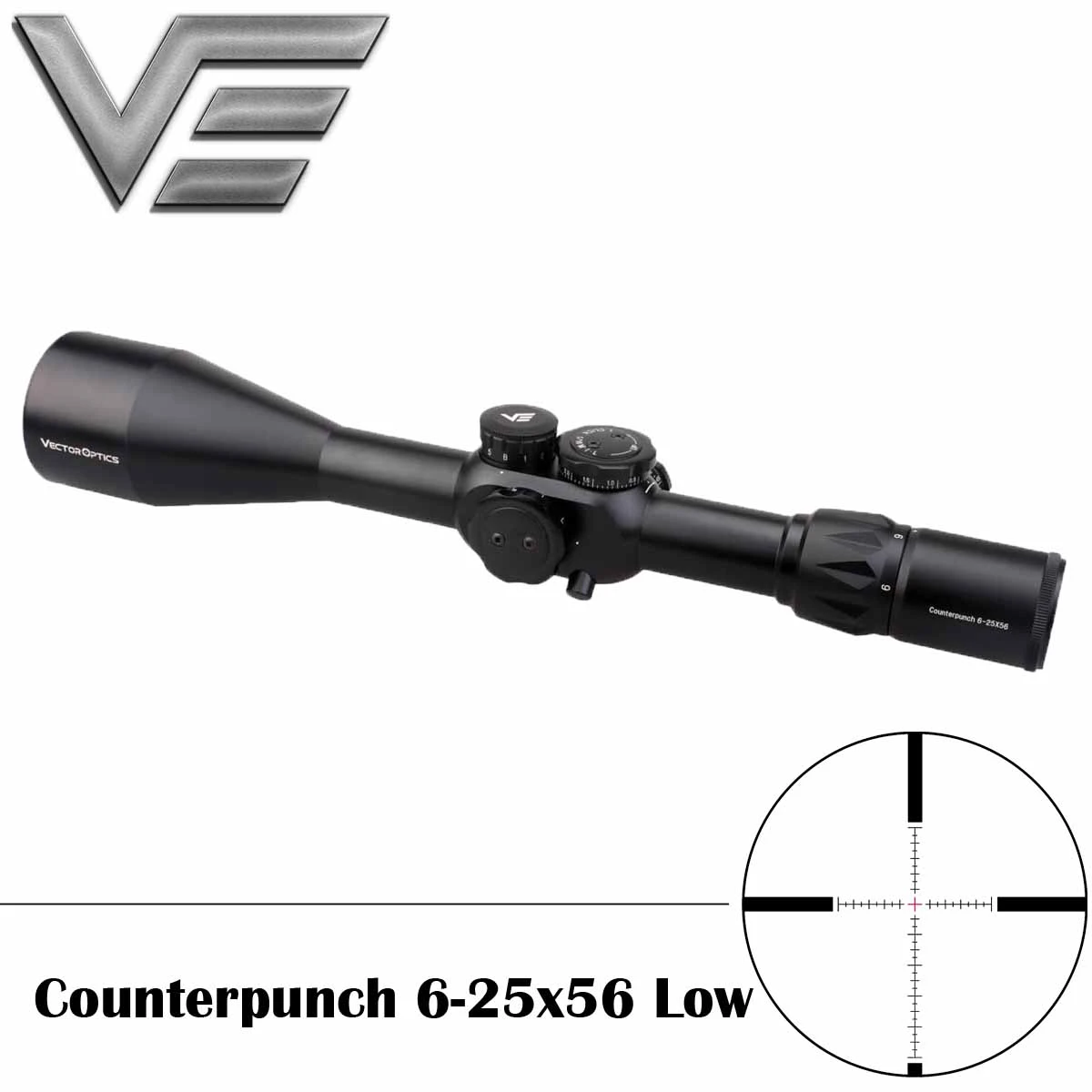 

Vector Optics Counterpunch 6-25x56 Low Adjustment Turret Tactical Rifle Scope FFP 1/10 MIL 30mm Monotube Riflescope for Shotgun