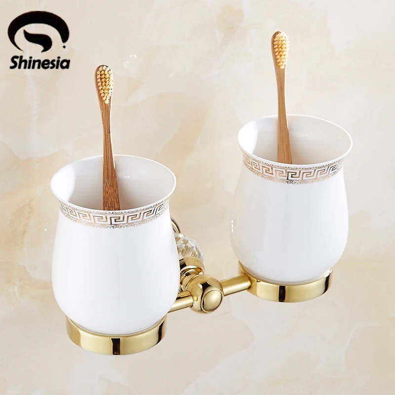 

Newly Top-grade Double Ceramic Cup Toothbrush Holder Wall Mounted Gold Finish