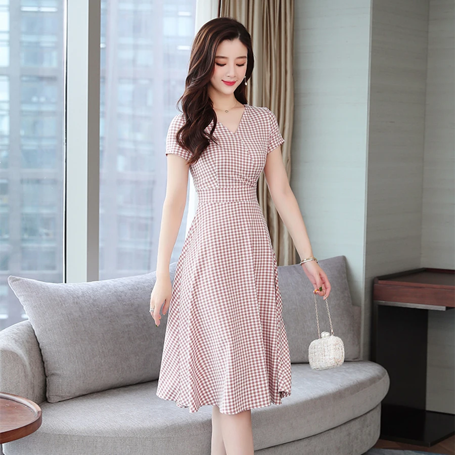 Размера плюс летнее винтажное розовое клетчатое сексуальное платье-рубашка миди корейское женское элегантное облегающее богемный пляжный сарафан вечерние платья
