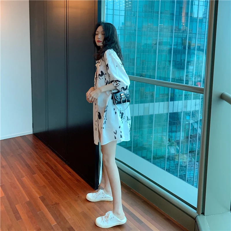 Ulzzang, корейская мода, блузка, женские топы, большие размеры, с крапчатым принтом, короткий рукав, рубашка, летняя, с отложным воротником, женская одежда, хит