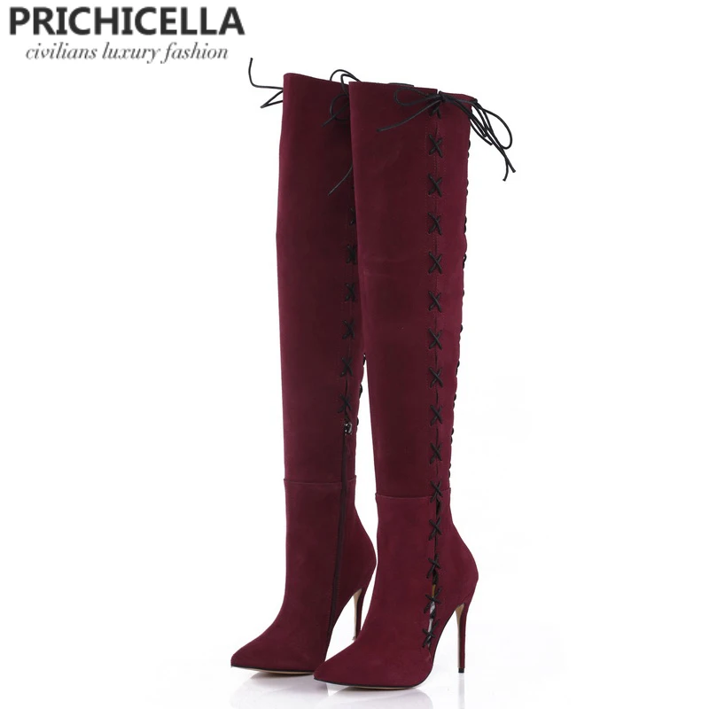PRICHICELLA redwine genuine leather side lace-up thigh boots stiletto heels sexy autumn winter high booties