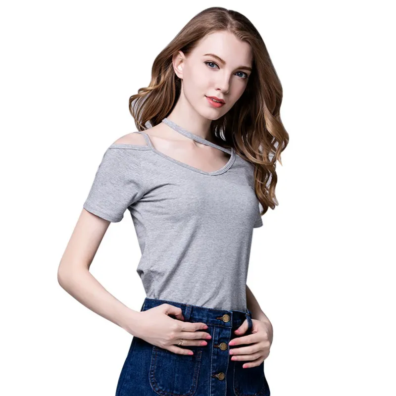 Fashion One Shoulder Strap Female T shirt Plus Size 100 Cotton Casual Summer T shirt Slim T