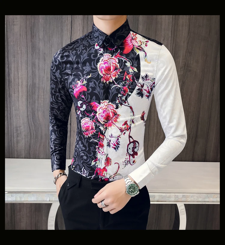Мужская рубашка с розами, осень, мужская приталенная рубашка с длинным рукавом, Необычные рубашки для мужчин, Camisa Social Masculina Manga Longa