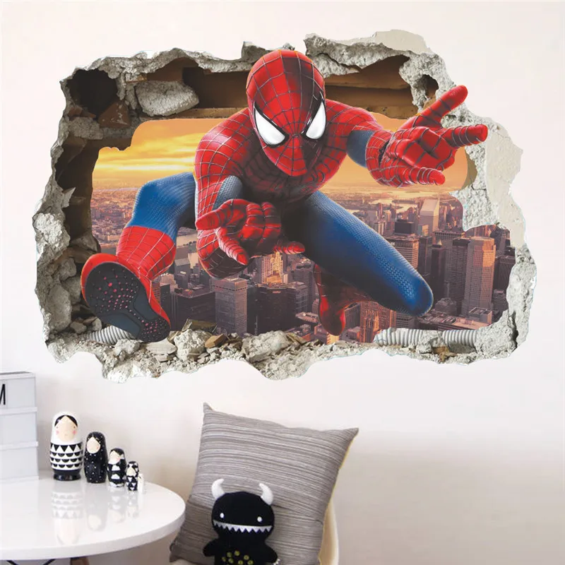 ?rtoon Spiderman Broken Wall Stickers For Kids Rooms Wall Decals Home Decor Children Nursery 3D Effect Boy Gift Poster Mural|Wall Stickers| - AliExpress