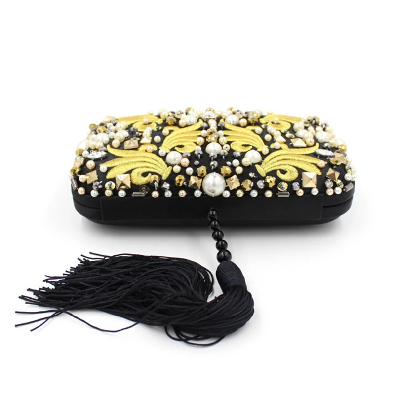 US $26.83 Luxury Pearl Beads Diamonds Gold Embroidery Clutch Bag Black Tassels Crystal Evening Bag Bridal Wedding Handbag With Chain Y636
