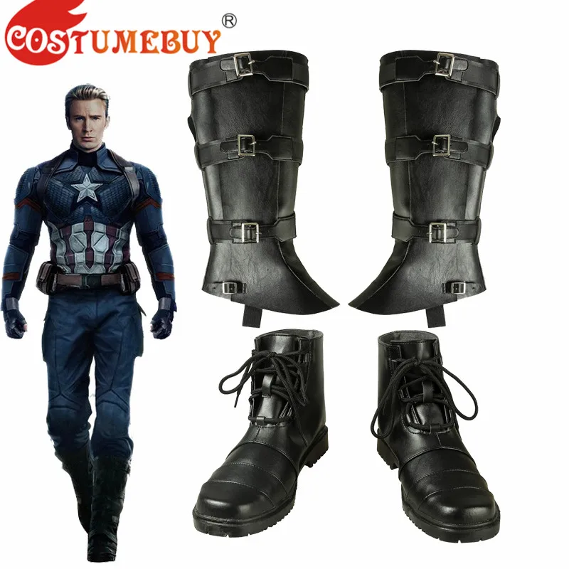 

CostumeBuy Avengers: Endgame Steven Rogers Captain America Cosplay Props Black Leather Shoes With Leg Guard Accessories