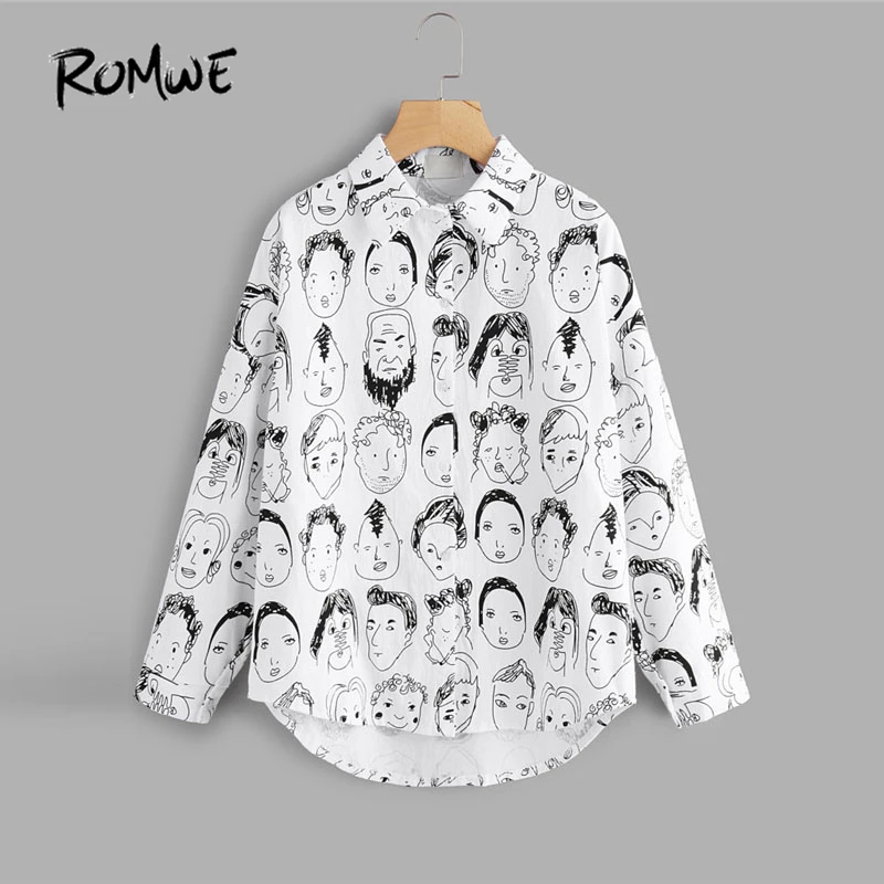 Goede ROMWE Zwart En Wit Figuur Print Single Breasted Shirt 2018 Nieuwe Cartoon Kraag Lange Mouwen Vrouw Top Lente Blouse