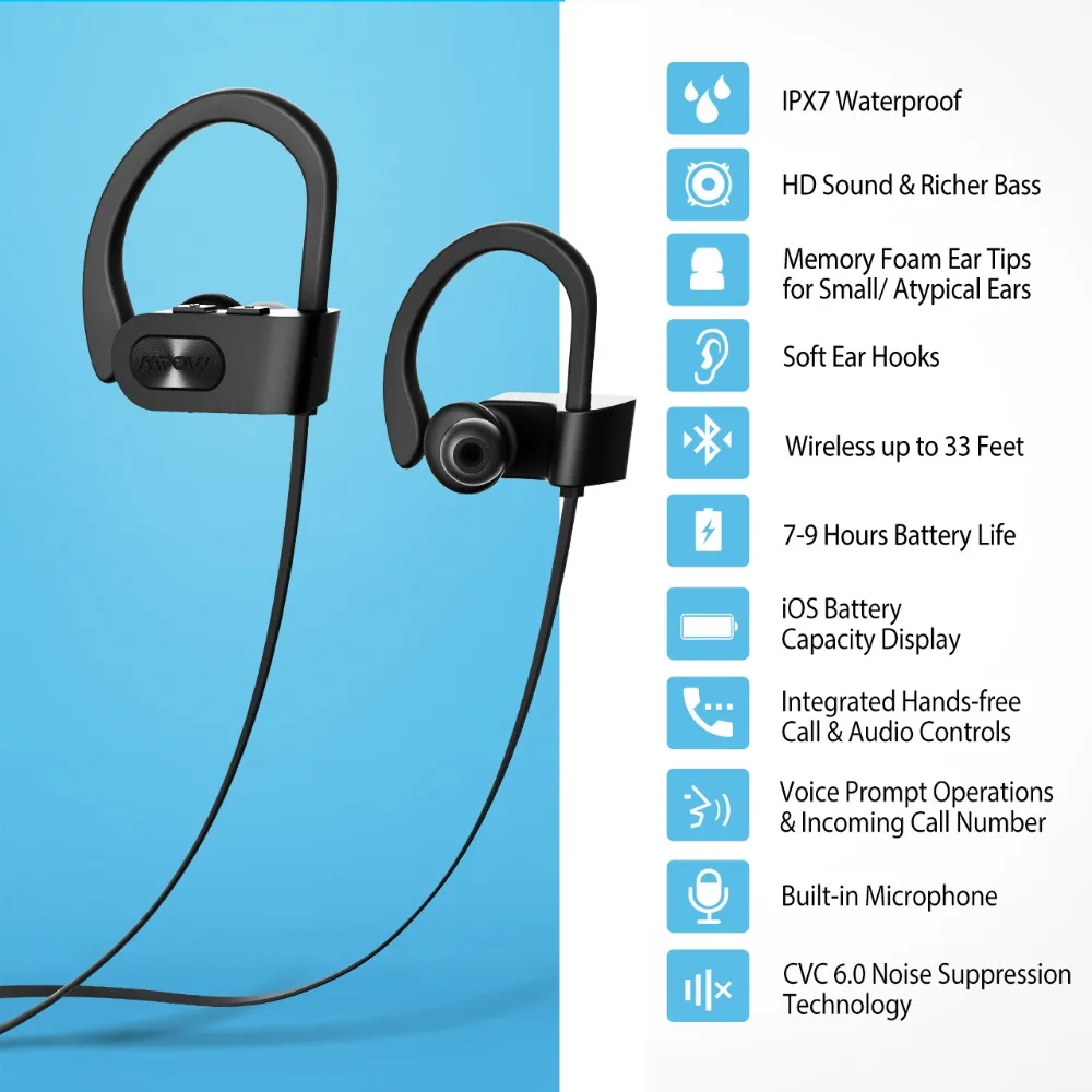 Mpow Flame Wireless Headphones Bluetooth V4.1 Waterproof IPX7 Headphone Noise Canceling Headset with Mic For iPone X 8 Xiaomi 8