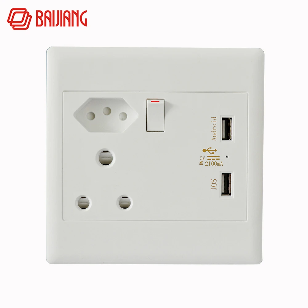 

126mm USB Wall Switch Power Socket,1 Gang 1 Way Push Button 16A South Africa India Standard Plug Switched Outlet