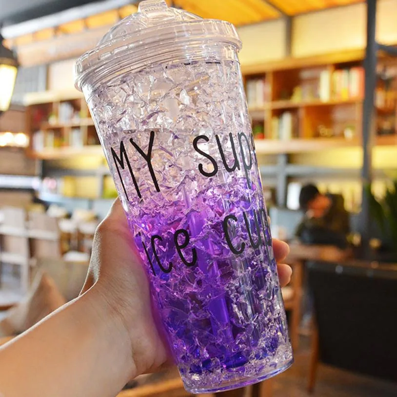 

1 PC Cups Summer Ice Teacups Colorful Plastic Water Cups with Cover Refrigeration Crushed Ice Cup Drinkware Cups