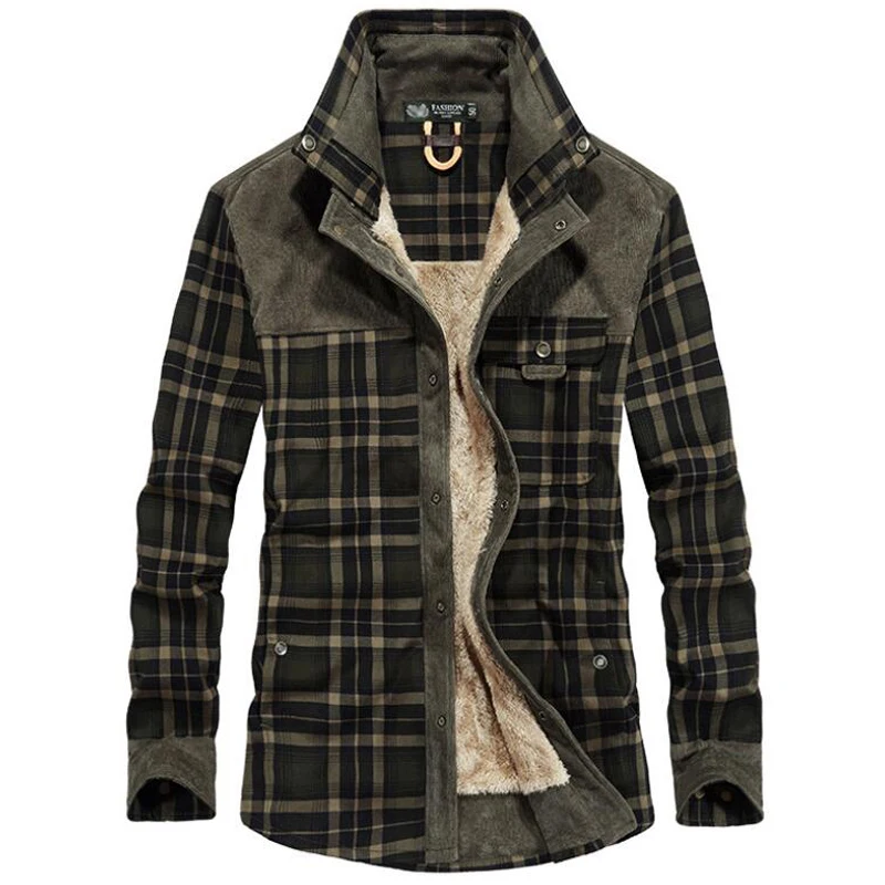 

Fleece Plaid Shirts Men Winter Thicken Velvet Warm Long Sleeve Shirt Mens Casual Stand Collar Military Streetwear Plaid Shirts
