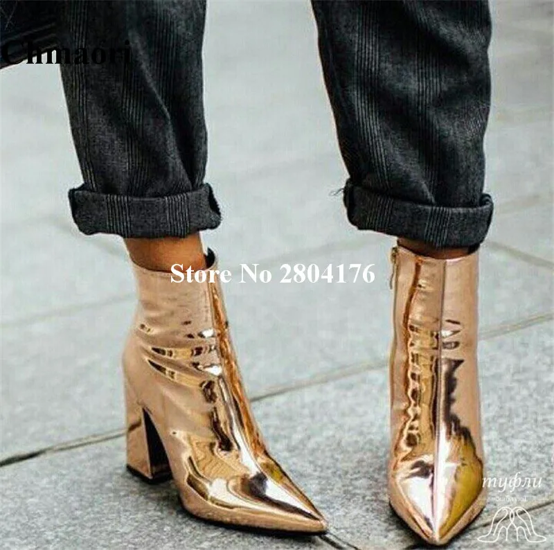 

2017 Autumn New Arrival Rome Zipper Basic Ankle Boots Pointed Blig Bling Patent Leather Pointed Toe Square Heel Solid Shoes