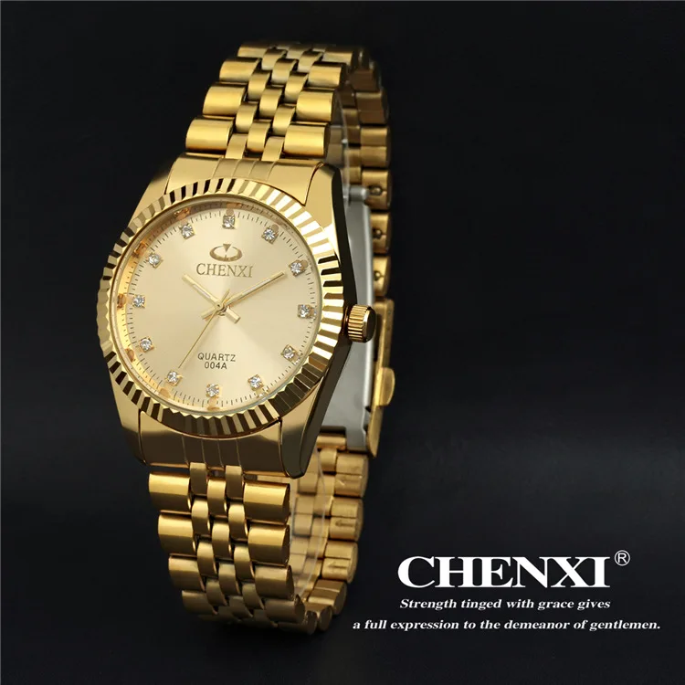 Новые часы золотые модные мужские часы золотые полностью из нержавеющей стали Кварцевые часы наручные часы оптом золотые часы CHENXI мужские