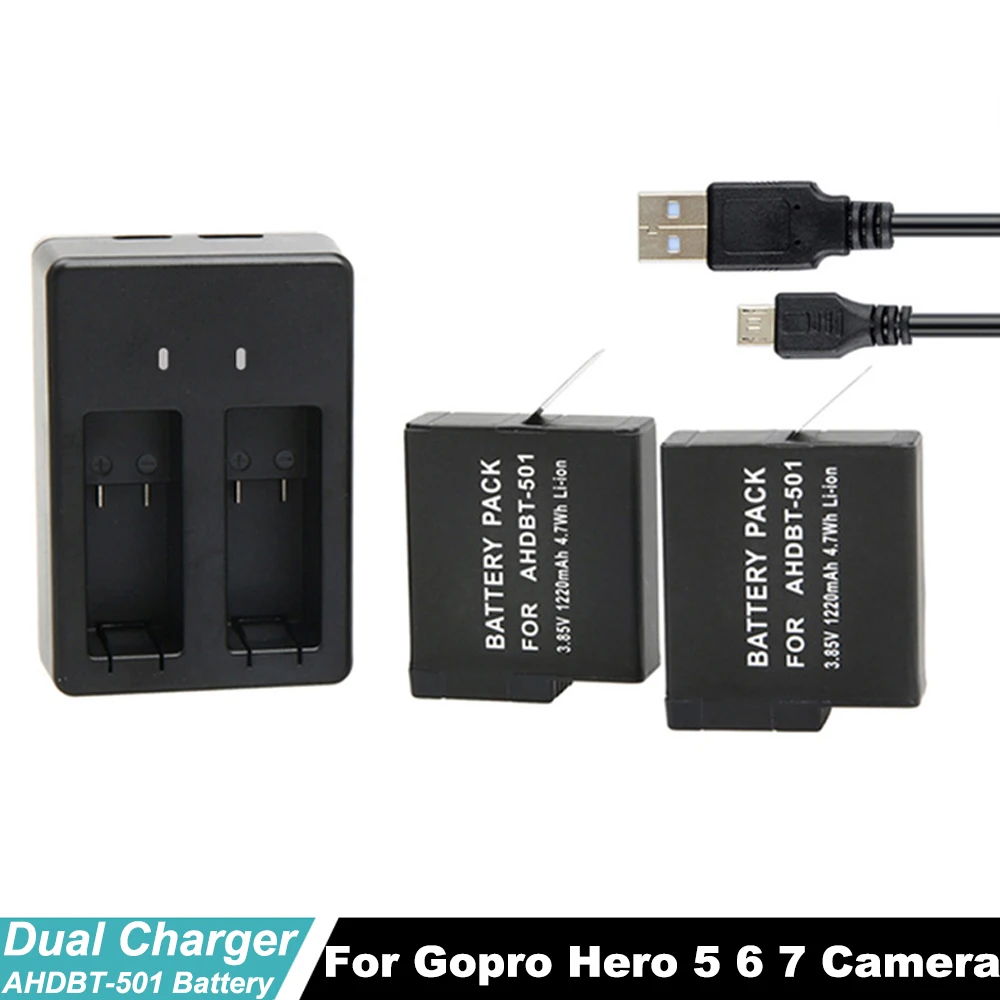 

Go Pro Hero7 Hero6 Hero5 Black Dual Battery Charger For GoPro 5 6 7 +2Pcs Rechargeable Batteries For Sport Camera Accessories