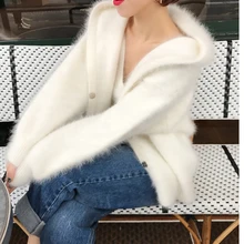 Женский норковый кашемировый свитер, кардиган с капюшоном и рукавами фонариками, верхняя одежда, куртка, Z006