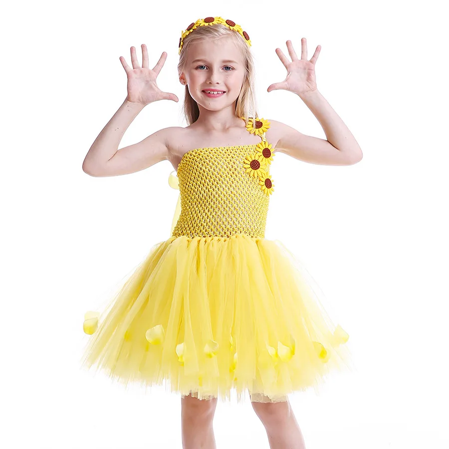 Baby Girls Sunflowers Summer Tutu Dress with Hair Hoop Kids Princess Yellow Tulle Costume (3)