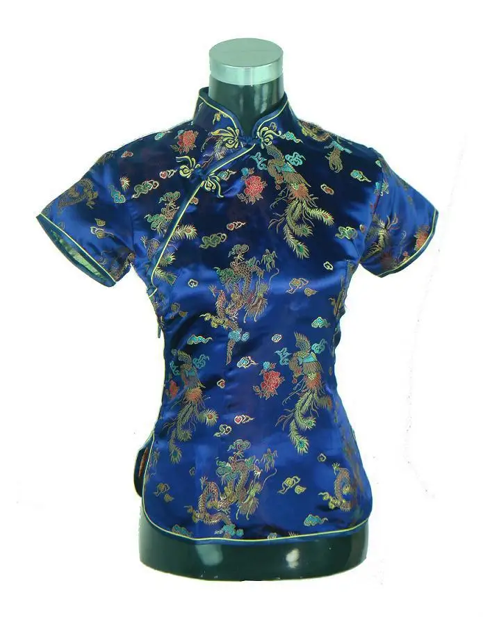 Черная, красная Летняя женская Повседневная рубашка с коротким рукавом, шелковая атласная блузка, Китайская национальная Цветочная одежда, Размеры s m l xl XXL WS010 - Цвет: Navy Blue B