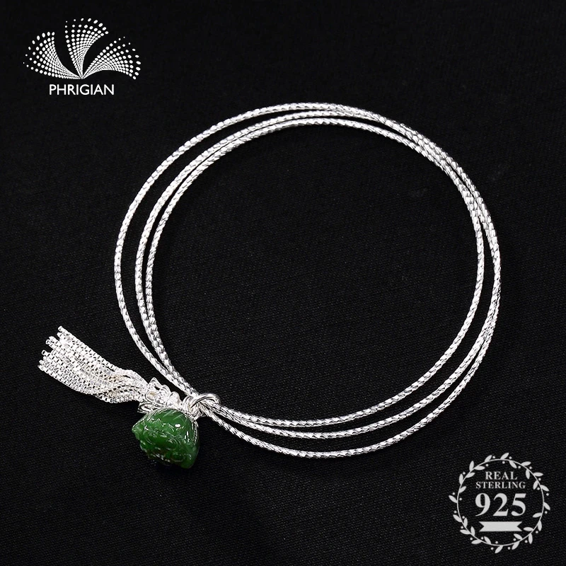 

NOT FAKE S990 Fine Jewelry 925 Sterling Silver Bangle S925 Vintage Ethnic emerald lines rings nature flea market jeweler retro